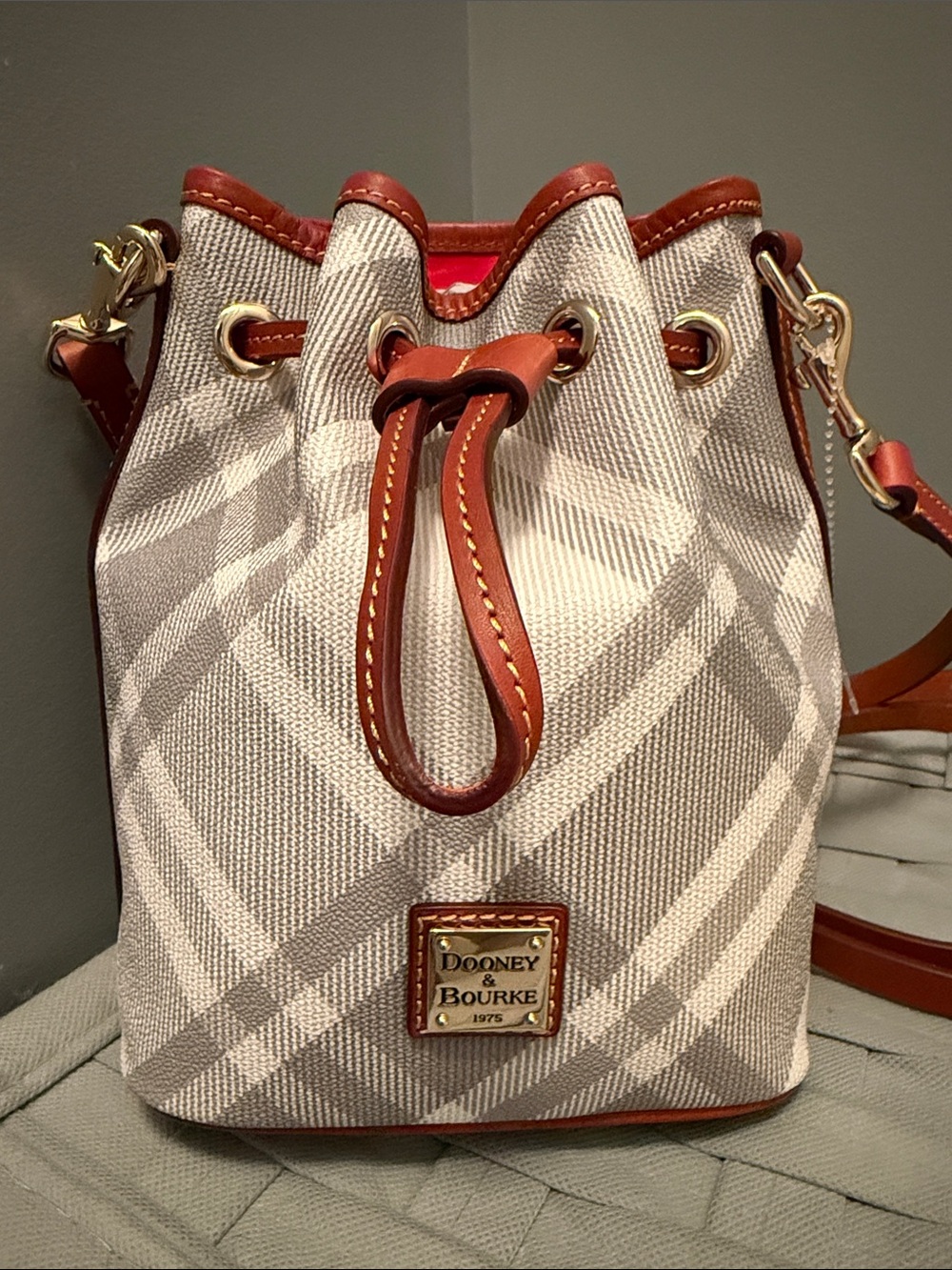 Dooney & Bourke Small Grey Plaid Bucket Crossbody with Brown Leather Trim
